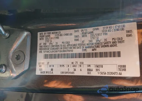 2016 Ford Escape Se z USA, uszkodzony, nr VIN 1FMCU0G97GUB07910